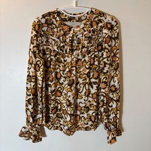 LOFT Paisley Floral Split Neck Ruffle Blouse Yellow Brown Size XS
